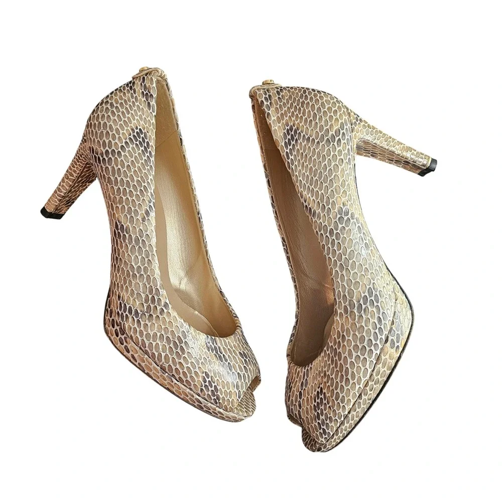Stuart Weitzman Beige‎ Black Snake Skin Plainfield Open Toe Heels 8.5 M